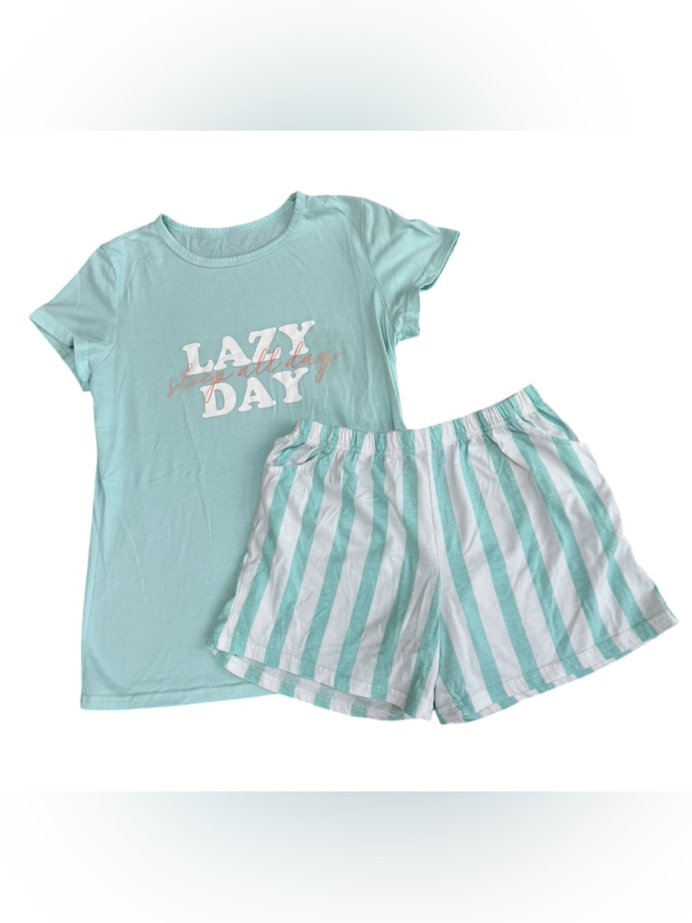 Kids Light Teal Short Sleeve Pajama Set with Stripe Shorts, Size Youth 16